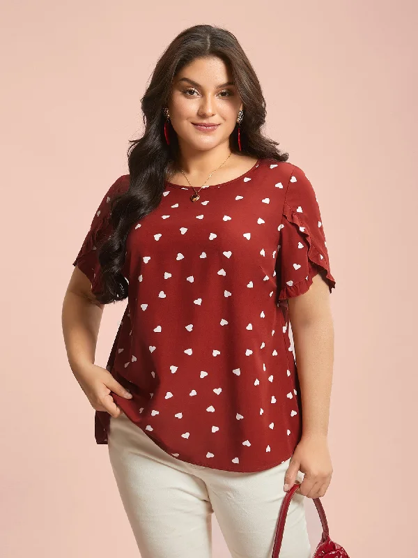 YEAR-End Sale Ruffled Overlap Sleeve Heart Pattern Blouse