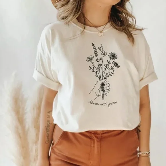 Members Only Vintage White Bloom With Grace Bella Canvas Graphic Tee Womens T-Shirt Top Members Only Vintage White Bloom With Grace Bella Canvas Graphic Tee Womens T-Shirt Top