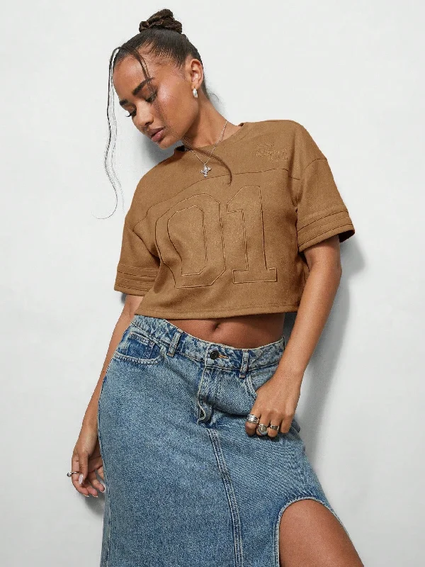 Deal Dash SUMWON WOMEN Suedette Drop Shoulder Boxy Crop T-Shirt With Front Embroidery