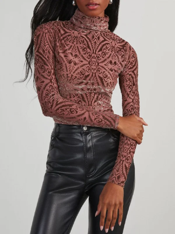 Online Deal Velour Burn-Out Sheer Cowl Highneck Tops