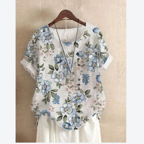 Super Sale Floral Print Short Sleeve Round Neck Wholesale T-shirts For Summer