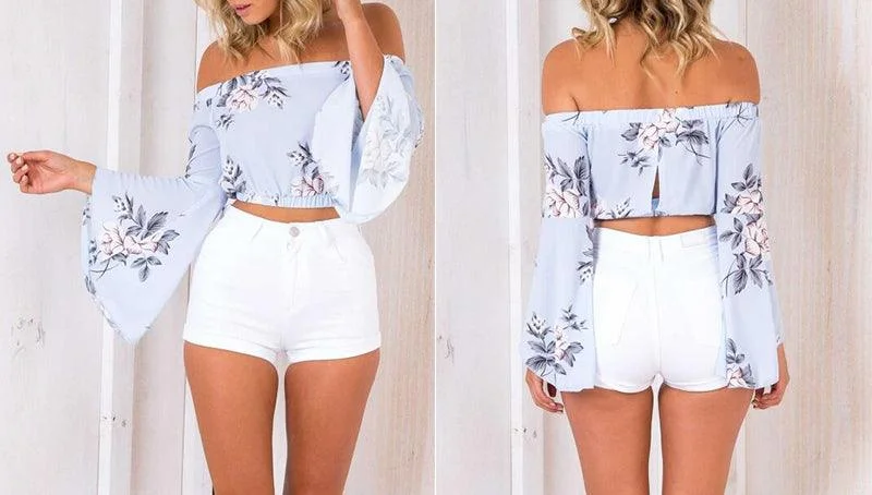 Weekend Bargains to Celebrate OFF-THE-SHOULDER CROPPED FLORAL TOP