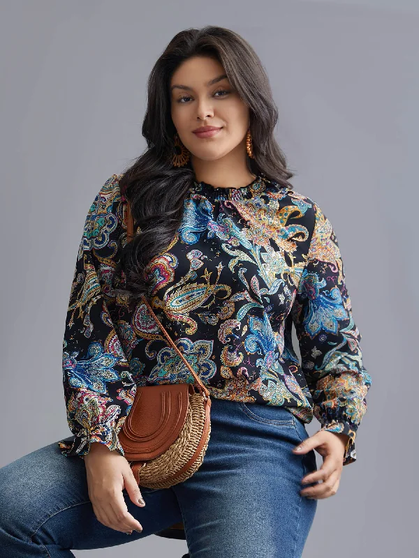 Markdown Sale Stand Collar Paisley Shirred Blouse