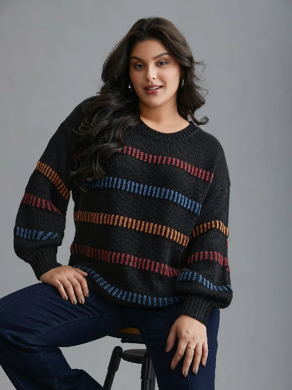 Clearance Sale Multi-Color Stripes Textured Crew Neck Pullover