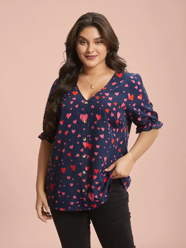 Shop Now Heart Pattern Button Detail Ruffle Blouse