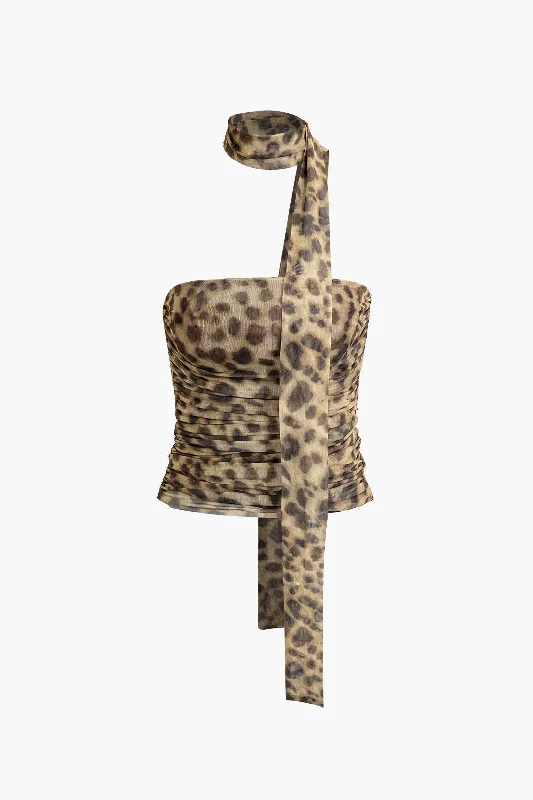 New Deals Leopard Print Mesh Halter Tube Top