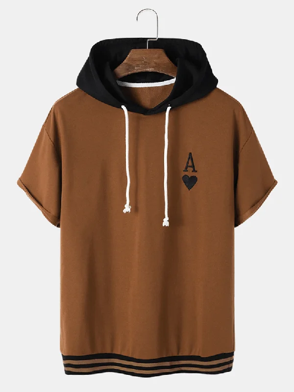 Fantastic Offers Mens Two Tone a Poker Embroidery Patchwork Drop Shoulder Casual Hooded T-Shirts