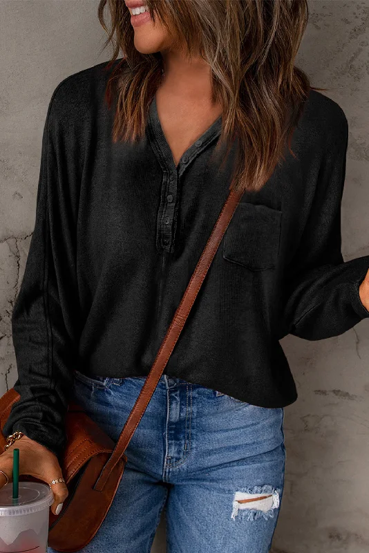 Now Available Buttoned V-Neck Long Sleeve Top