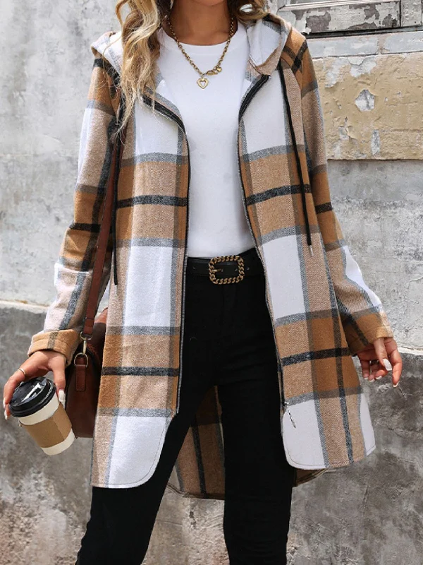 Must-Have Deals Drawstring Plaid Zip Up Long Sleeve Hooded Outerwear