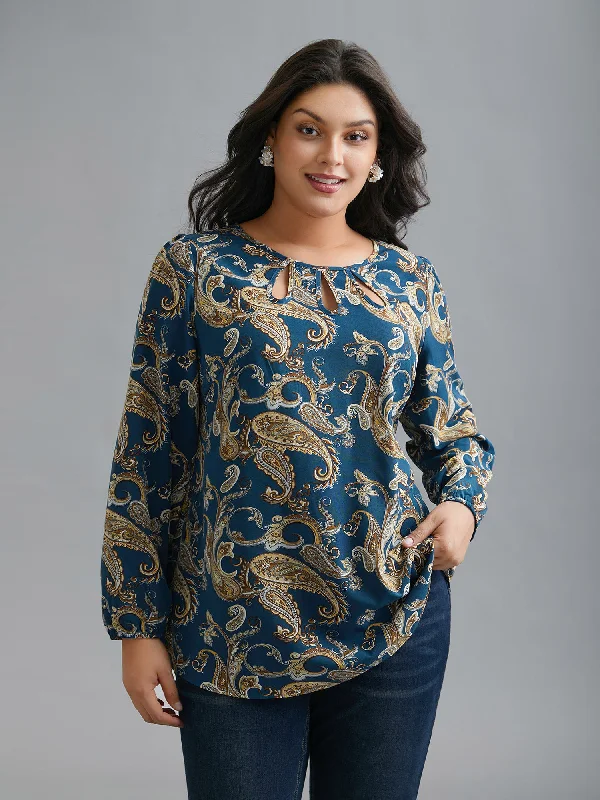 Seasonal Sale Round Neck Paisley Cut Out Blouse