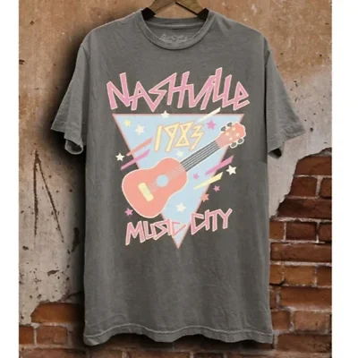 Stock Clearance Stone Gray Mineral Wash Nashville 1983 Music City Graphic Oversized Relaxed Tee