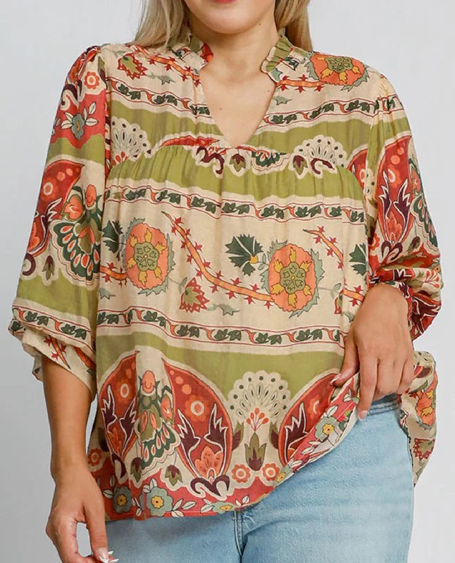 Deal of the Day Plus Border Print Split Neck Top